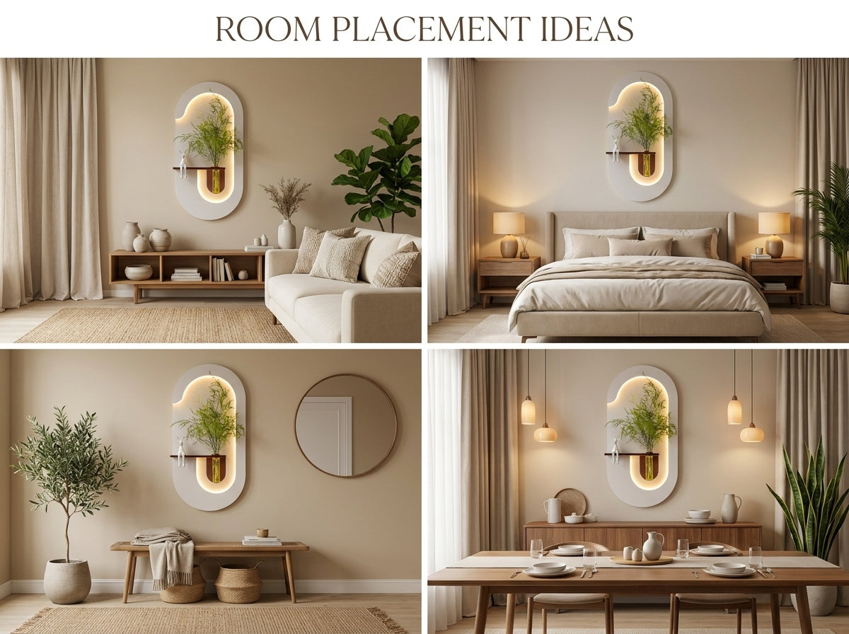 A four-panel collage titled 'ROOM PLACEMENT IDEAS' showing the same wall-mounted oval mirror with warm light and gold-toned plant holder styled in living room, bedroom, bench-and-ottoman setting, and dining room contexts.