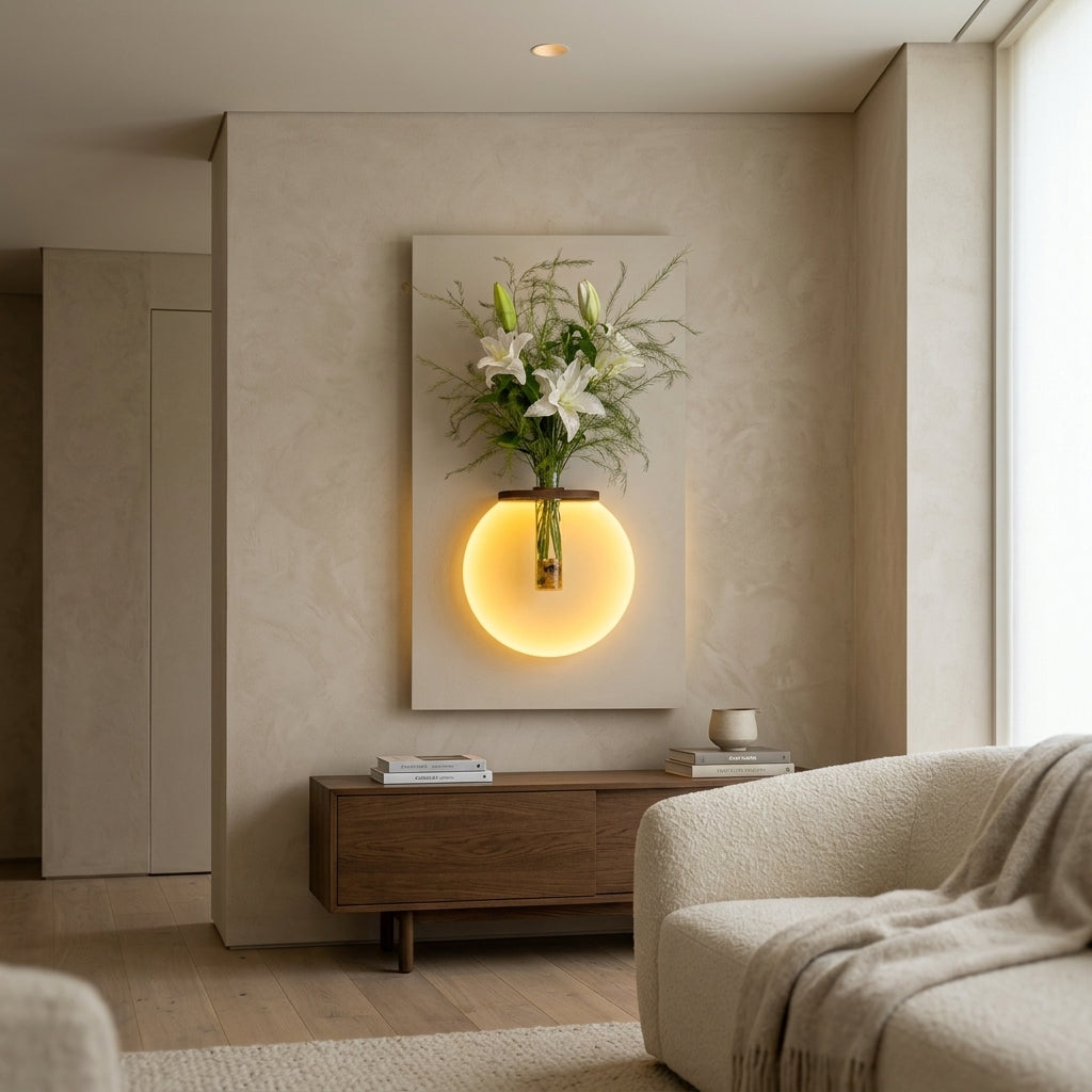 LED wall art bedroom placement – warm globe lamp with glass vase and flowers as ambient night light