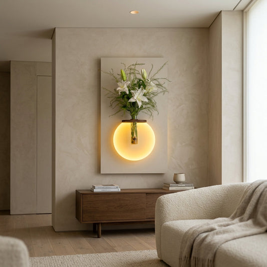 LED wall art bedroom placement – warm globe lamp with glass vase and flowers as ambient night light