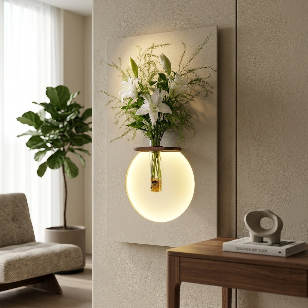LED wall art globe flower vase lamp mounted in modern living room – warm ambient glow India