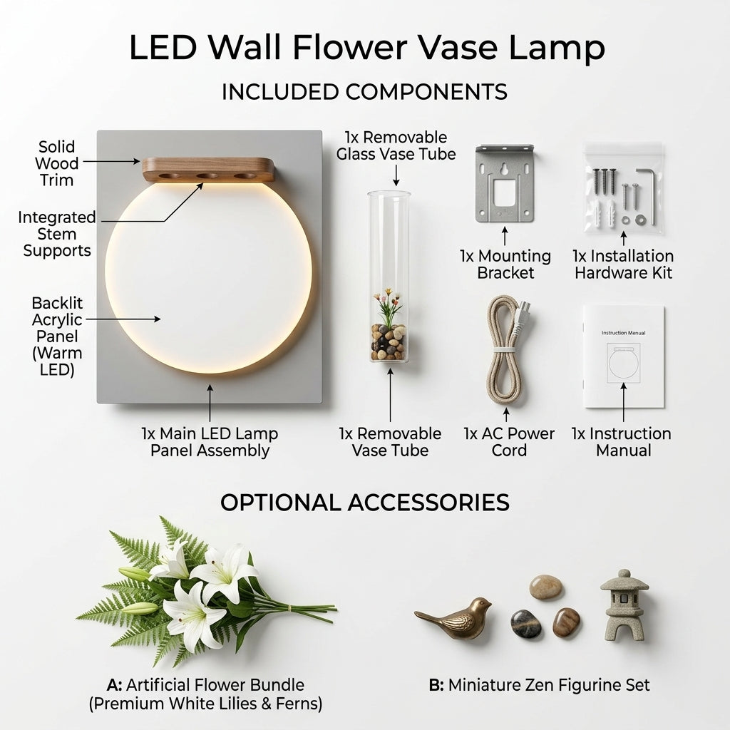LED wall art flower vase lamp size guide – 91 cm tall x 46 cm wide, warm LED ring light and glass vase