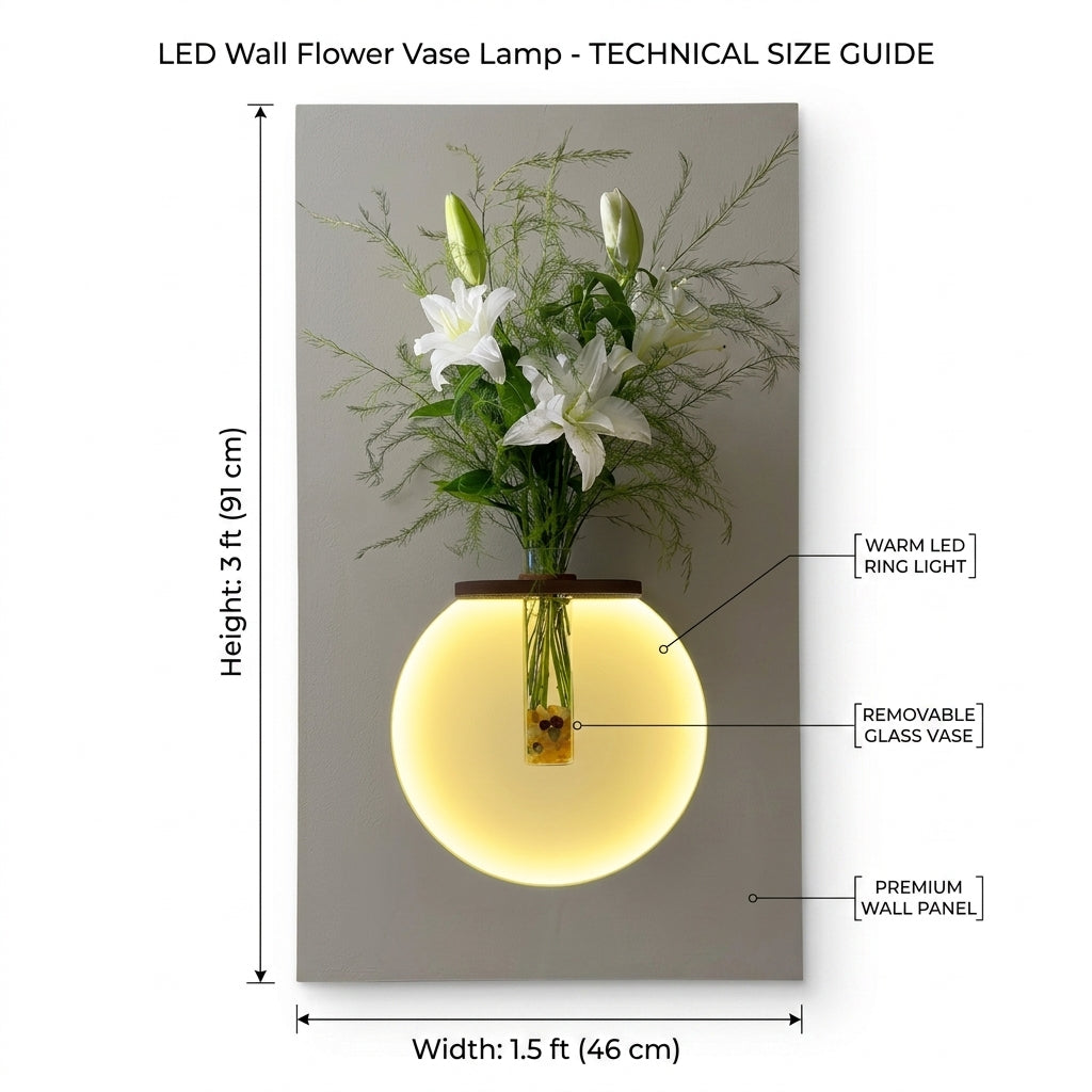 LED wall art flower vase lamp with warm globe glow and removable glass vase – Radha Wood India