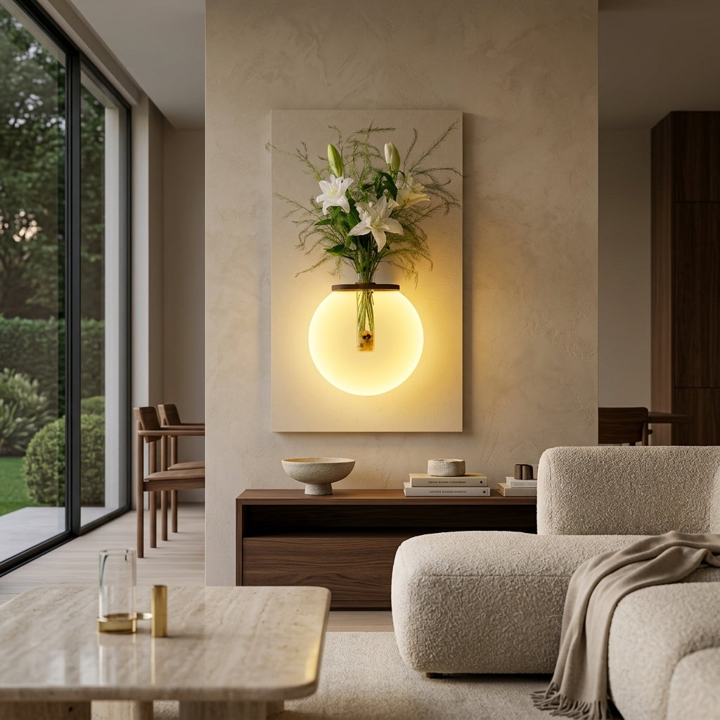 LED wall decor close-up – warm 3000K globe ring light illuminating glass flower vase from below
