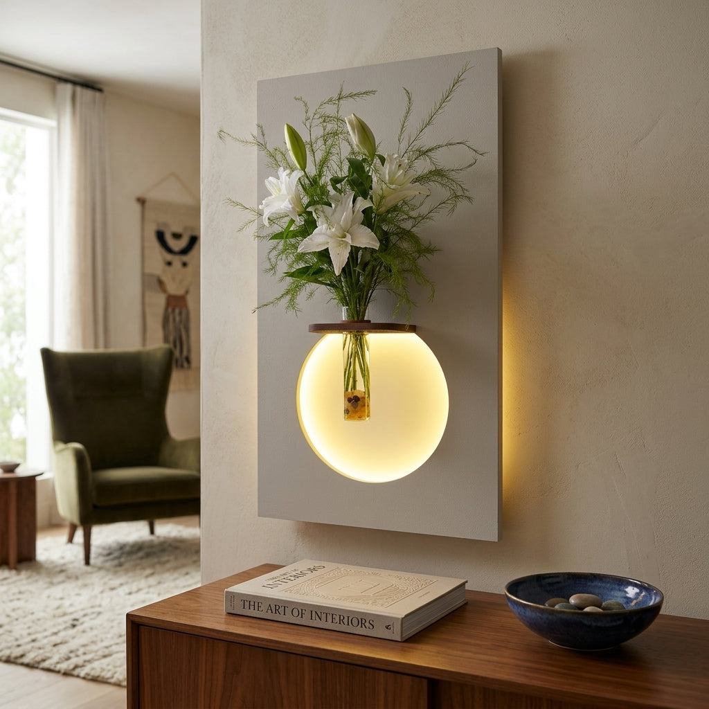LED wall art flower vase lamp in home entryway – warm glow globe decor for foyer India