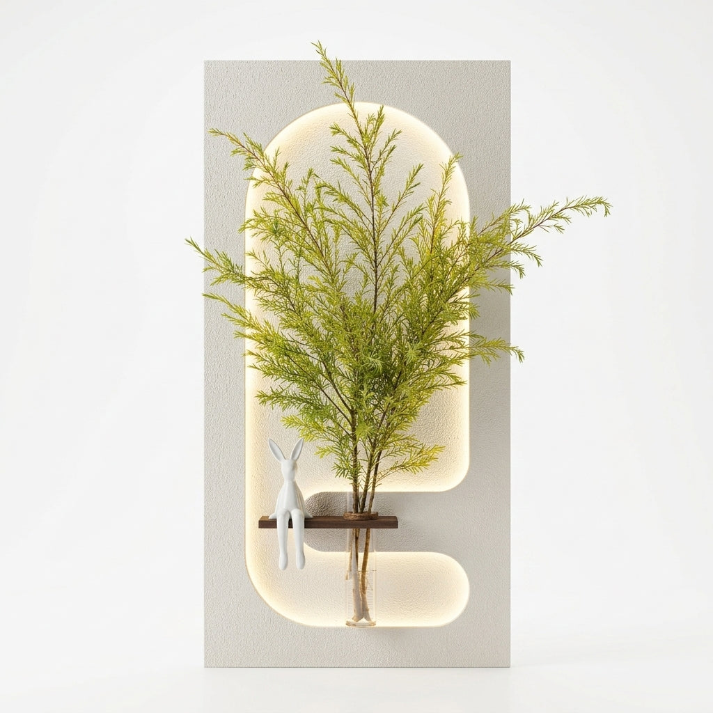 Arch LED wall art with wooden shelf and glass vase in modern living room – Radha Wood