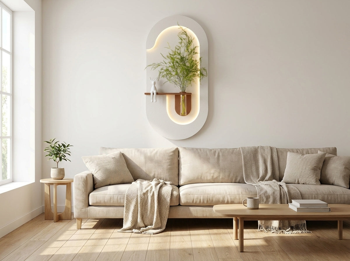 A modern living room scene featuring a light beige fabric sofa with matching throw pillows and a draped throw blanket, set against a warm off-white wall. Above the sofa is a decorative white oval wall mirror with an integrated shelf holding a potted green plant.