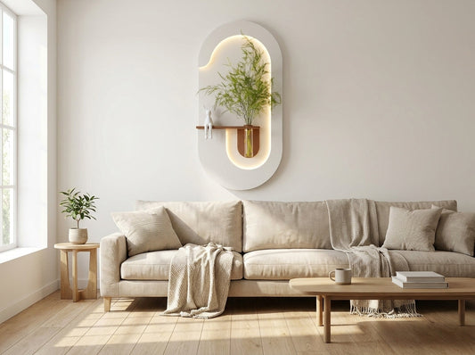 A modern living room scene featuring a light beige fabric sofa with matching throw pillows and a draped throw blanket, set against a warm off-white wall. Above the sofa is a decorative white oval wall mirror with an integrated shelf holding a potted green plant.