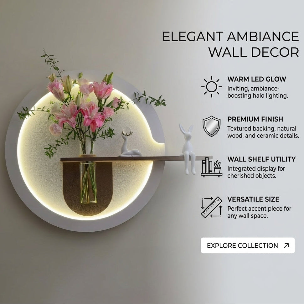 Modern home wall decor panel with LED lighting and shelf
