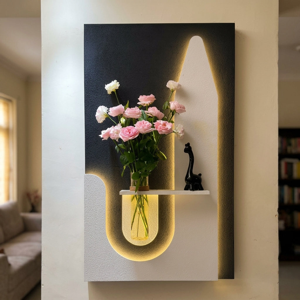 Designer LED Wooden Wall Panel with Shelf | Radha Wood