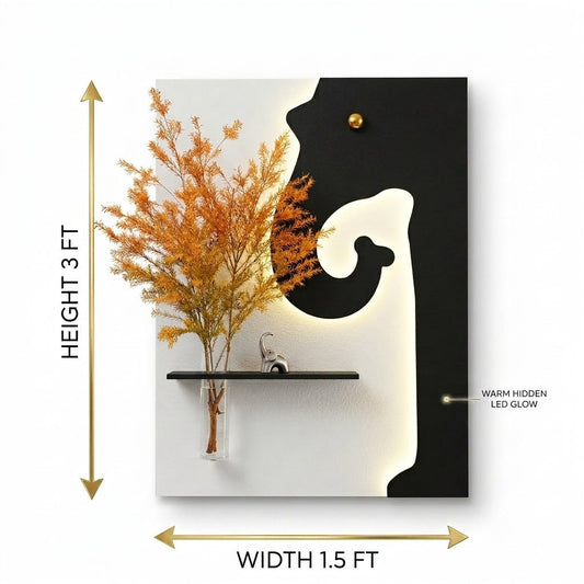 Front view of black white contrast LED wall art panel with abstract cutout design – Radha Wood