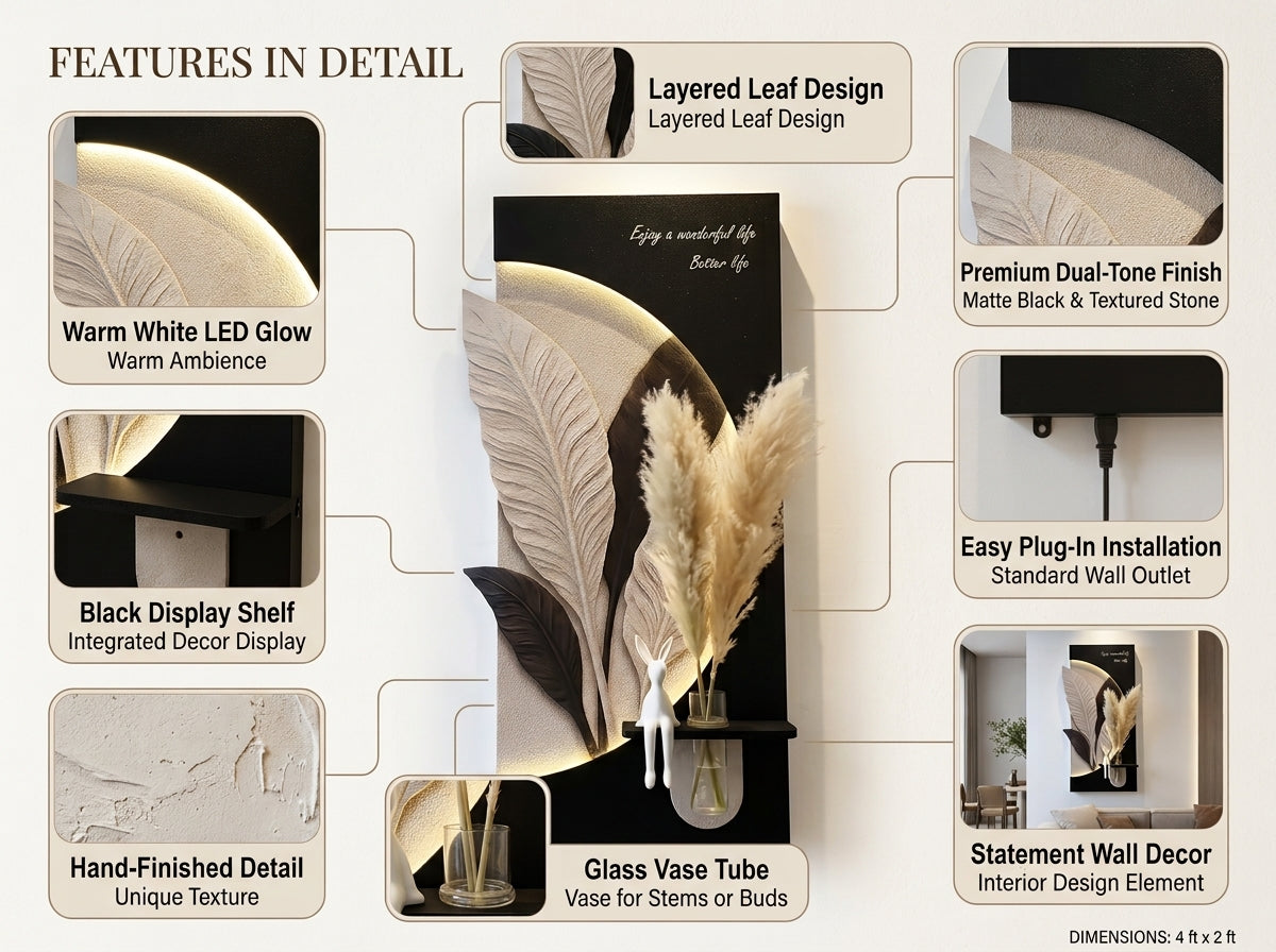 LED wall art Leaf Pampas Vase Panel features in detail