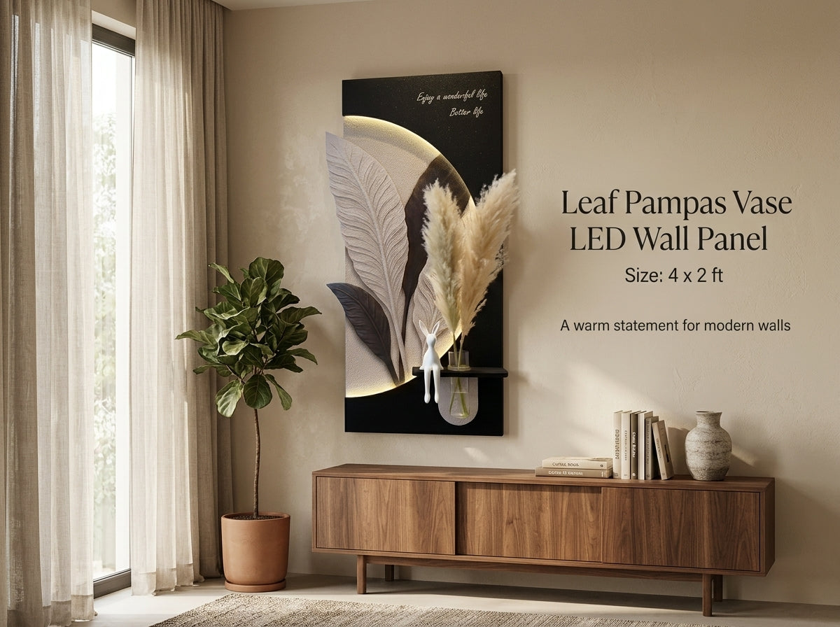 LED wall art Leaf Pampas Vase Panel above console table