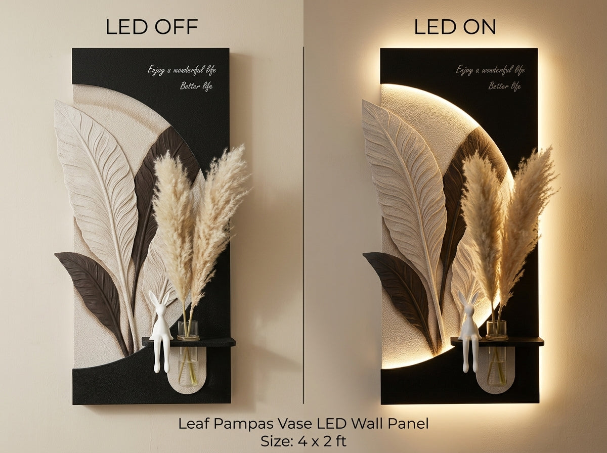 LED wall art Leaf Pampas Vase Panel LED on off comparison