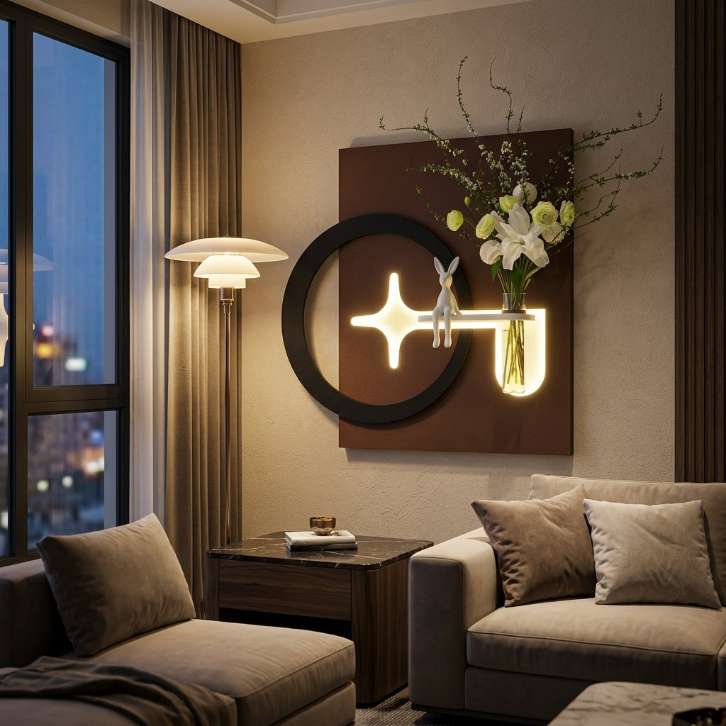 Large LED wall art arch lamp complete box contents – panel, glass vase, walnut shelf, hardware kit, power adapter