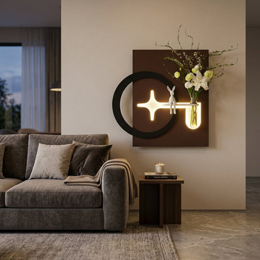 Large LED arch wall lamp with yellow flower vase above bed headboard – handcrafted statement decor India