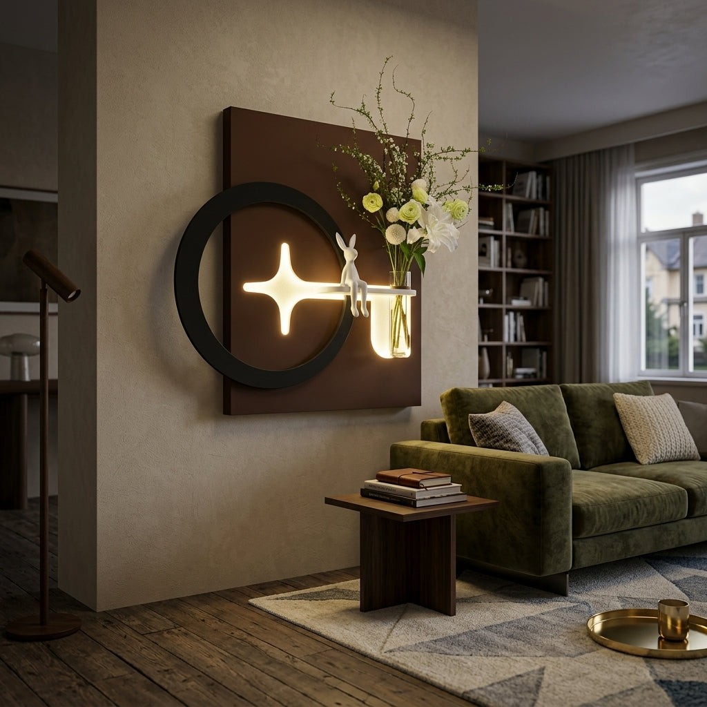 Close-up of large LED arch wall lamp showing walnut wood shelf and removable glass tube vase with yellow flowers