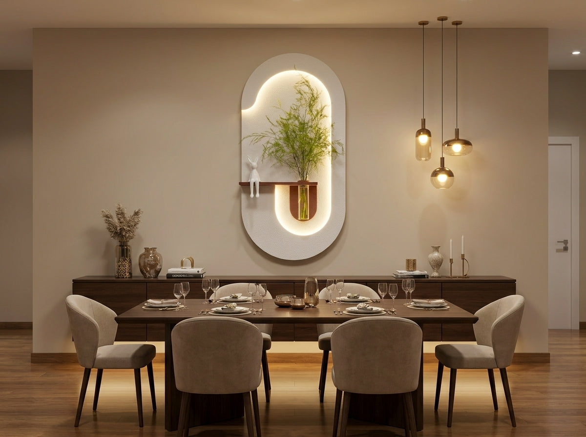 A modern dining room setup featuring a dark wood dining table surrounded by six upholstered chairs, with a decorative sideboard against a beige wall. The focal point is a large, oval-shaped white wall mirror with an integrated vertical shelf holding a potted bamboo plant, illuminated by warm lighting from three hanging pendant lights.