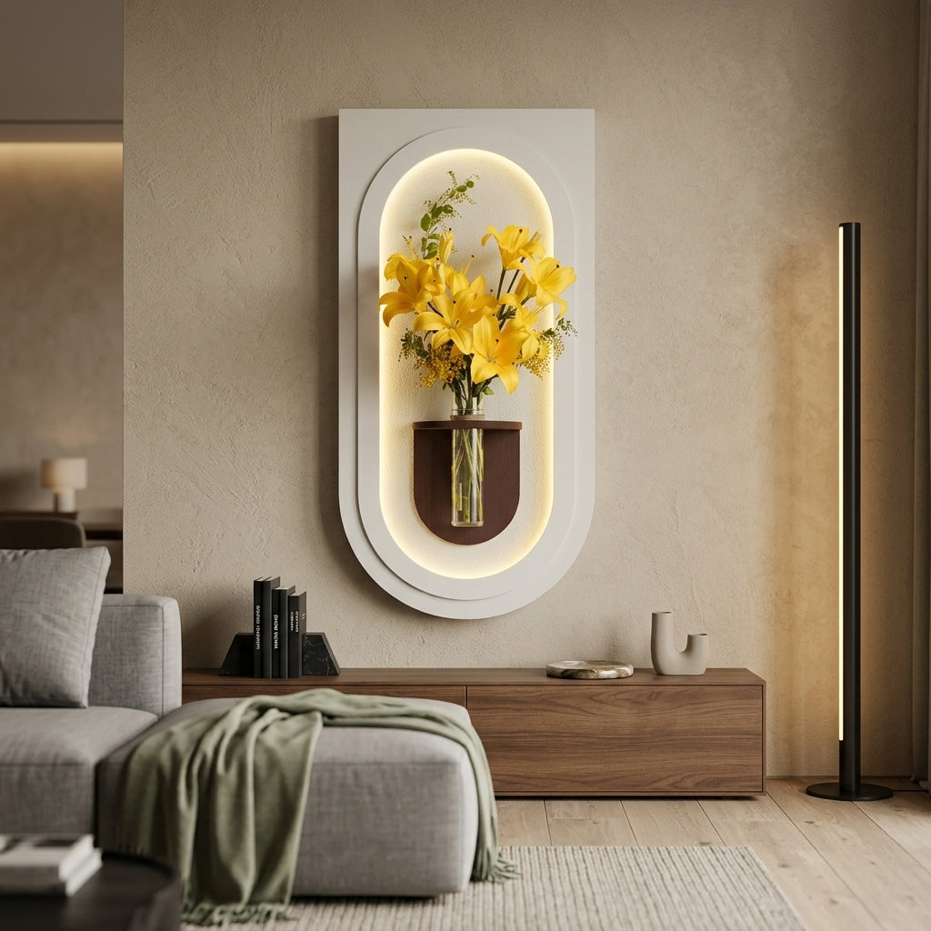 Close-up of LED arch wall lamp showing walnut wood shelf and removable glass tube vase with yellow flowers