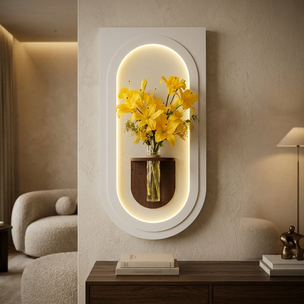 LED wall art arch flower vase lamp – real product photo, warm oval LED glow, Radha Wood India