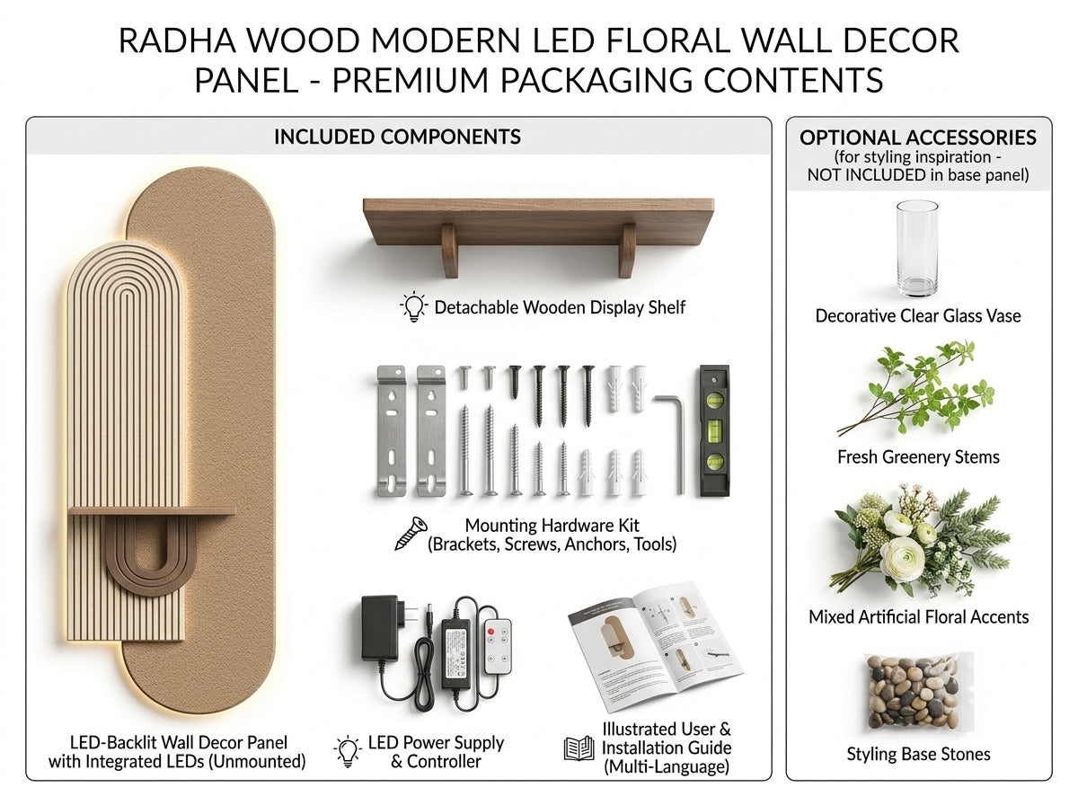 LED wall art arch lamp with removable glass vase and walnut shelf – full product view white background
