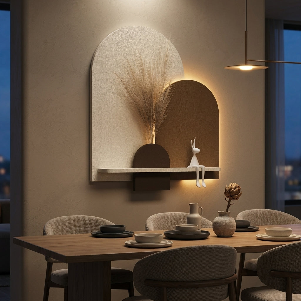 LED wall art arch aura panel in dining room with warm ambient backlight – Radha Wood India