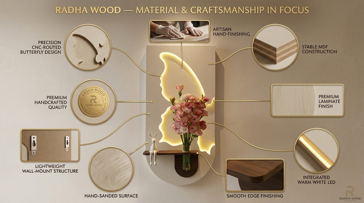 Infographic highlighting the material and craftsmanship of Radha Wood products.