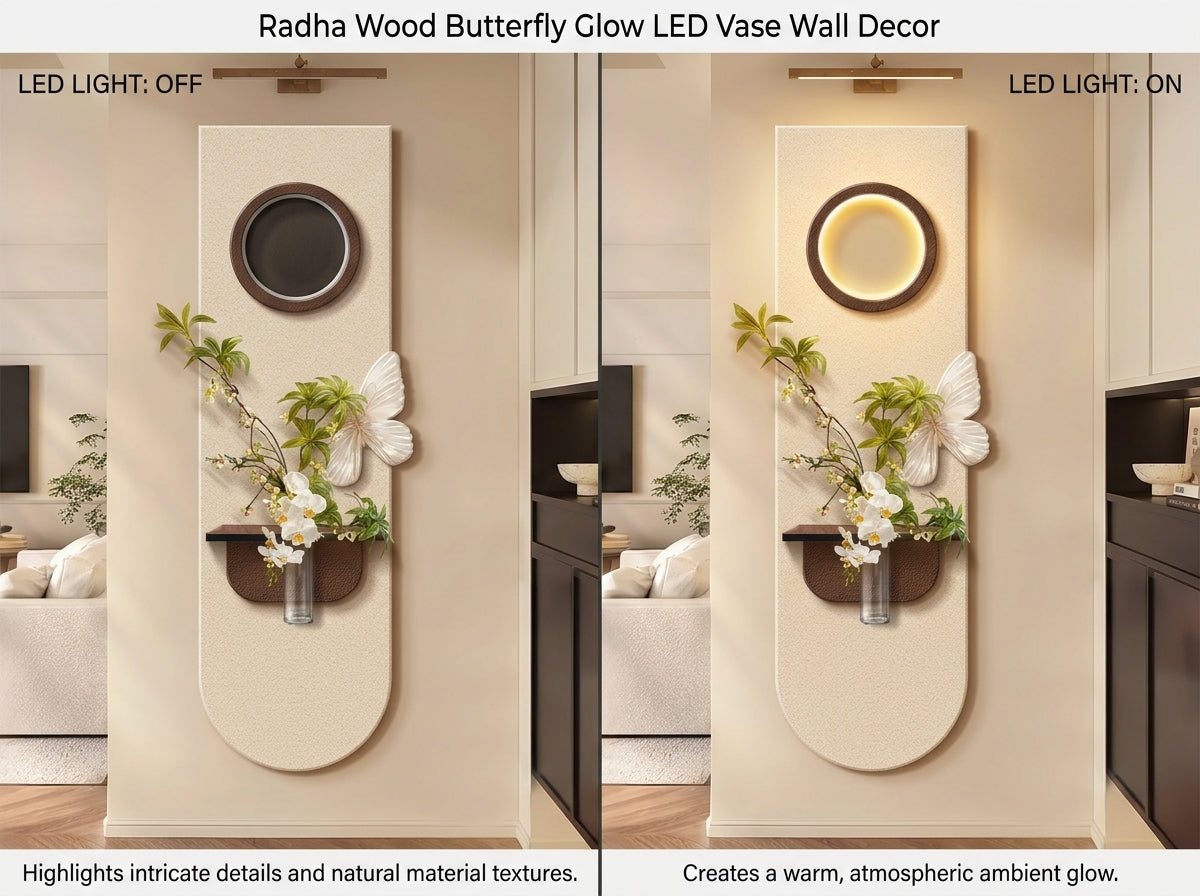 LED wall art arch lamp complete box contents – panel, glass vase, walnut shelf, hardware kit, power adapter