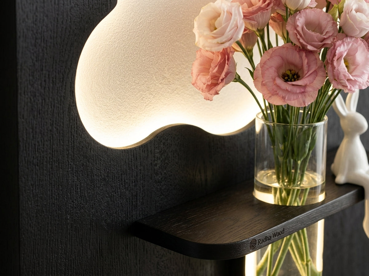 LED wall art Cloud Flower Vase Panel close up with glass vase