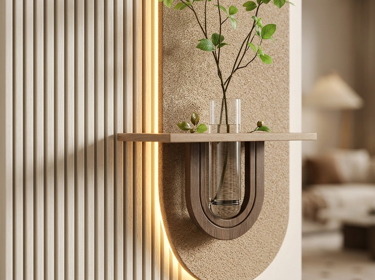 Close-up of LED arch wall lamp showing walnut wood shelf and removable glass tube vase with yellow flowers