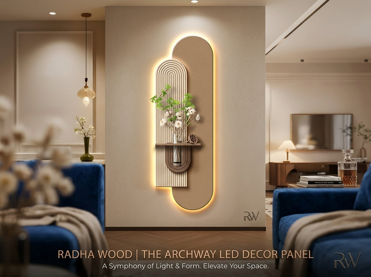 LED wall art arch lamp above wooden console in modern living room – warm glow ambient decor India