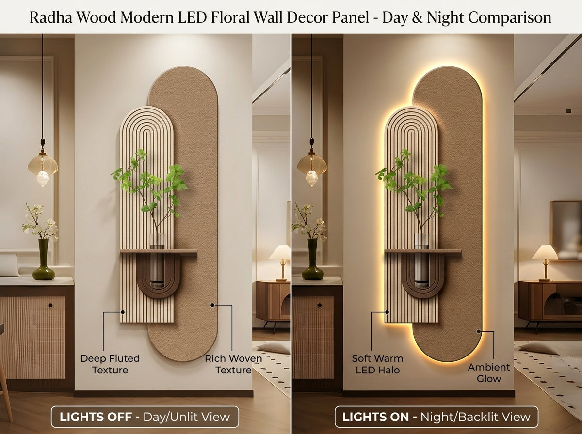 LED arch wall lamp with yellow flower vase in home entryway above console – handcrafted decor India
