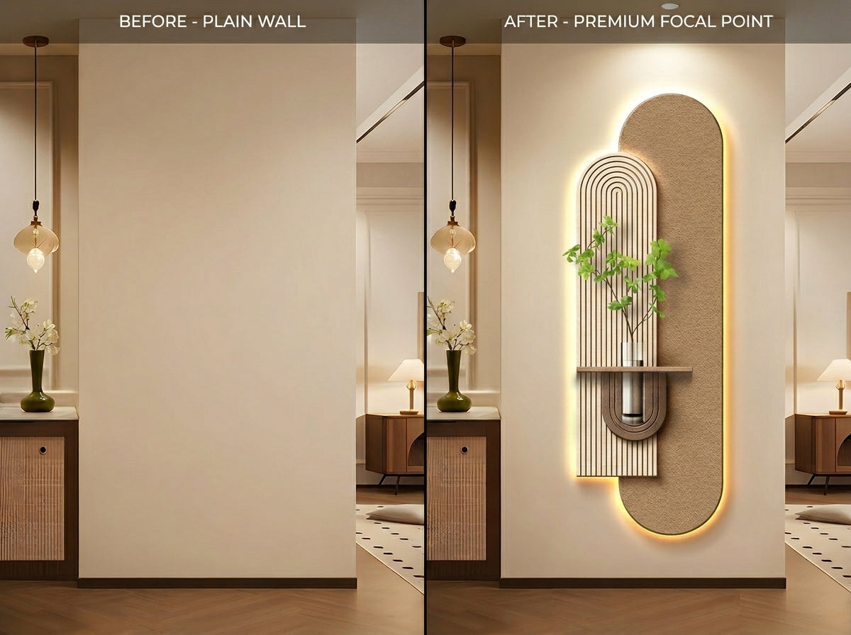 LED wall art arch lamp complete box contents – panel, glass vase, walnut shelf, hardware kit, power adapter