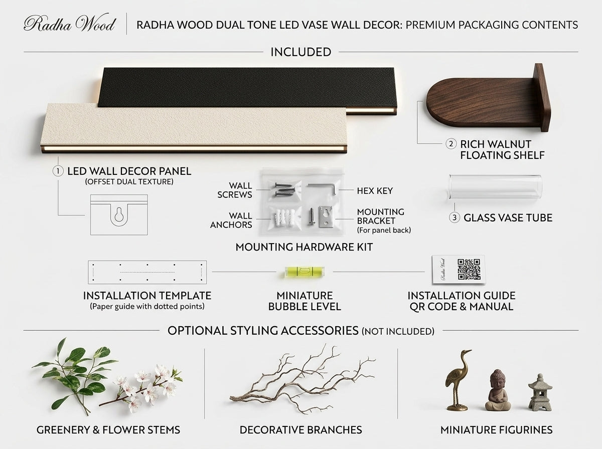 LED wall art box contents with shelf glass vase and flowers