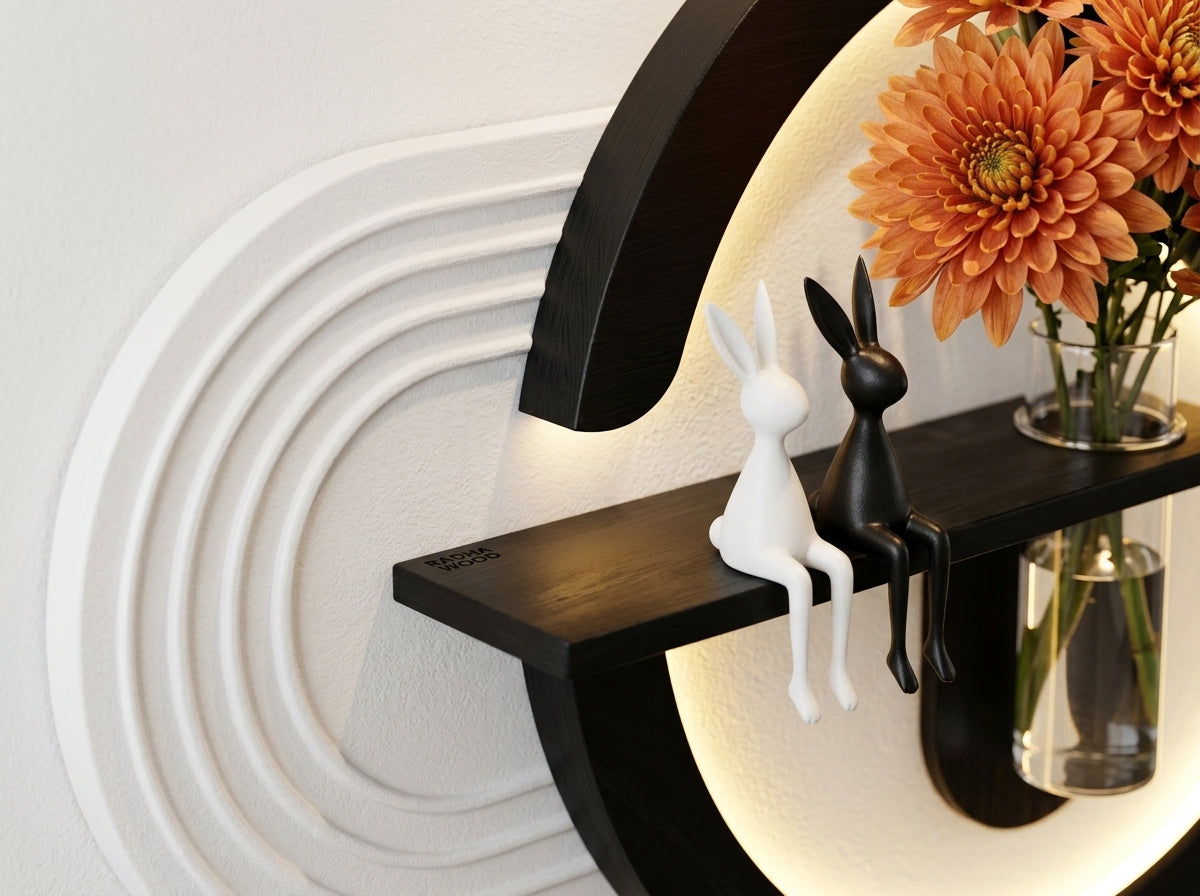 LED wall art Luna Arc Flower Vase Panel close up with shelf