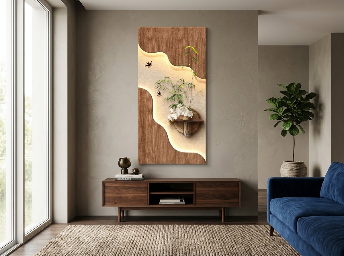 LED wall art bamboo orchid panel craftsmanship details – crystal vase, wood texture, illumination diffuser