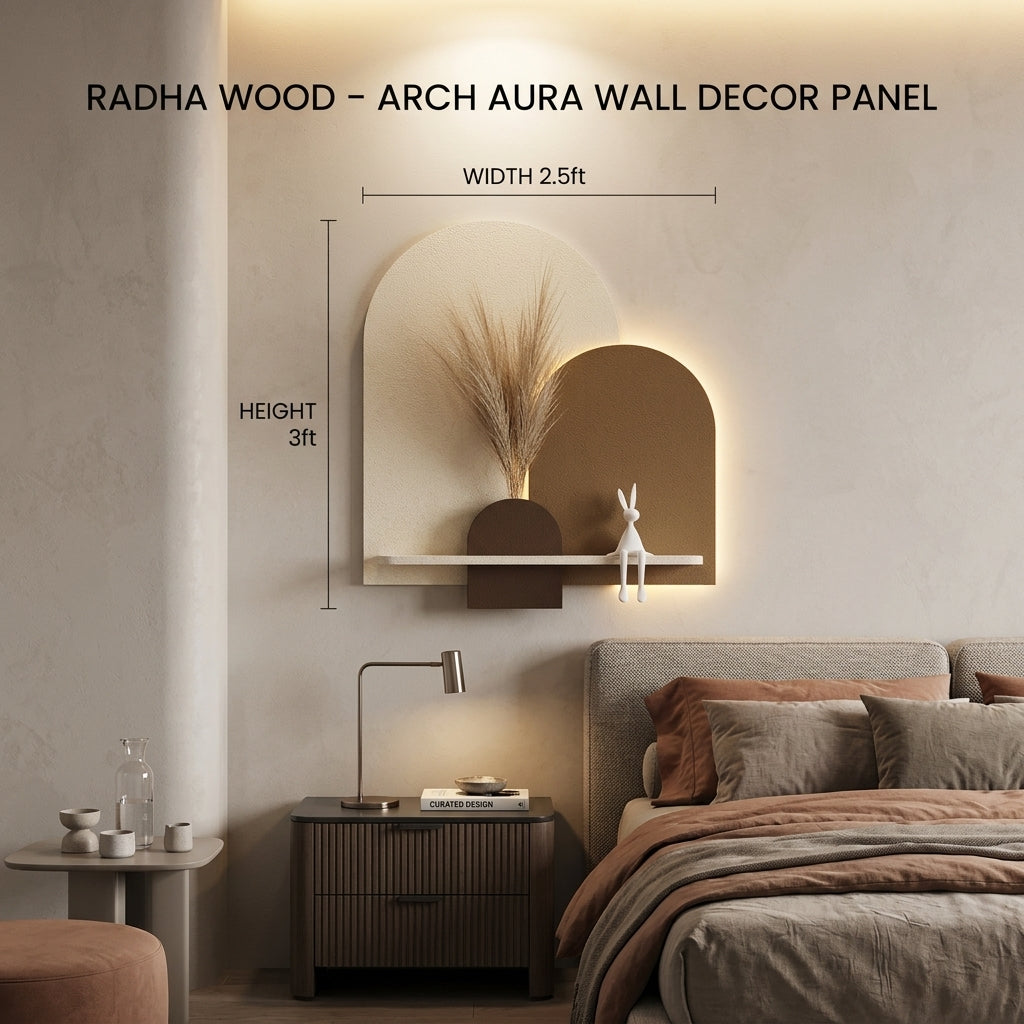 LED wall art arch aura panel material showcase – layered design, backlit LED, shelf thickness, texture palette