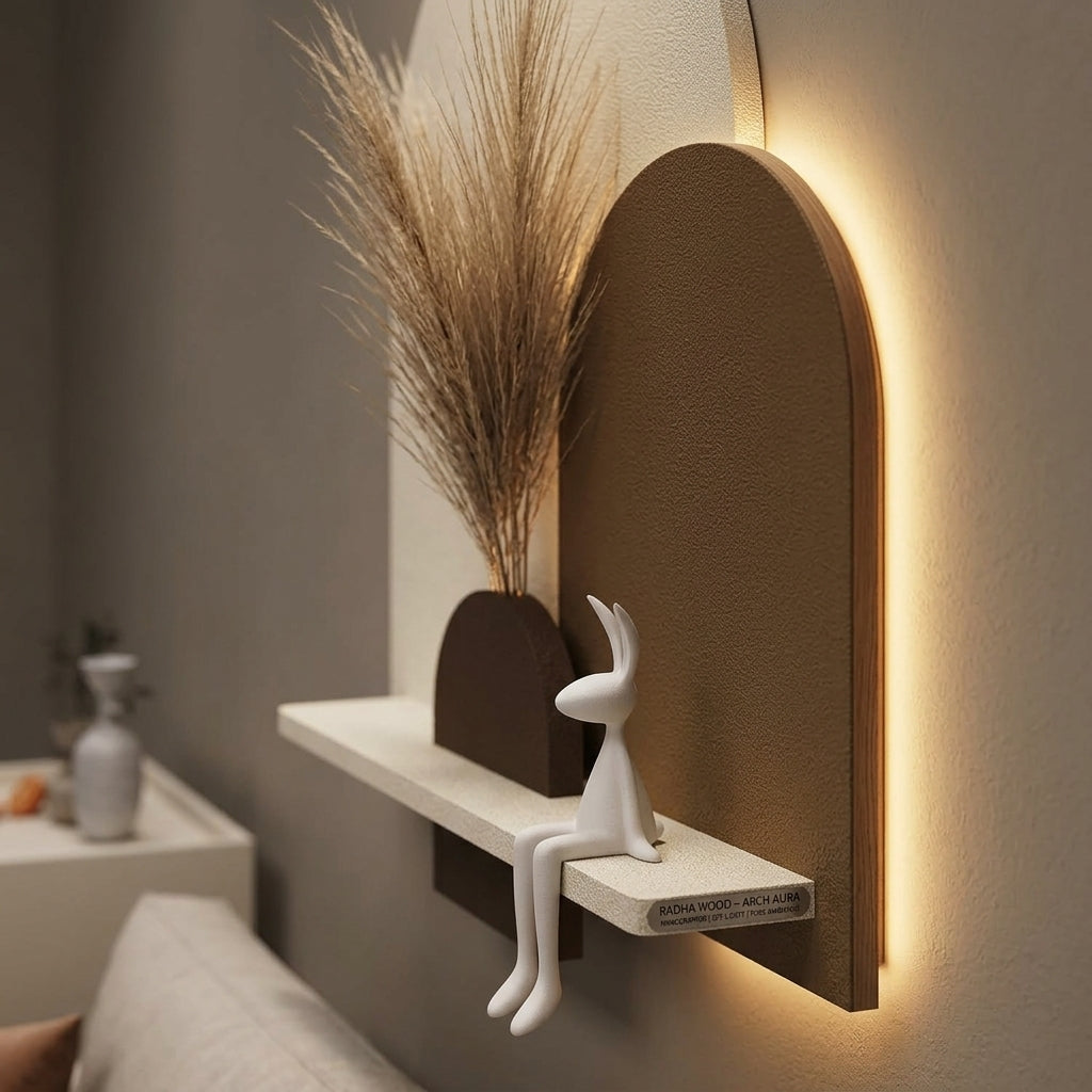 LED wall art arch aura panel included parts – cream arch, brown arch, shelf, LED kit, mounting hardware