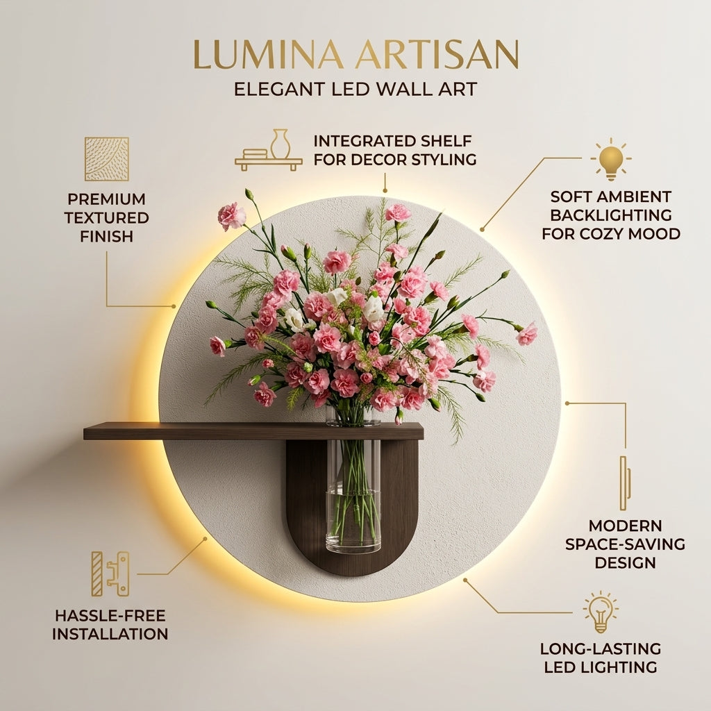 Round LED Wall Art with Shelf & Glass Vase | Radha Wood