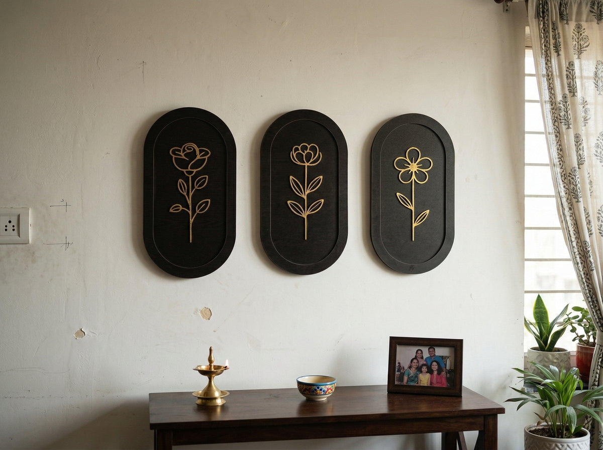 🌿 Modern Floral Wall Art Set (Set of 3) | Radha Wood