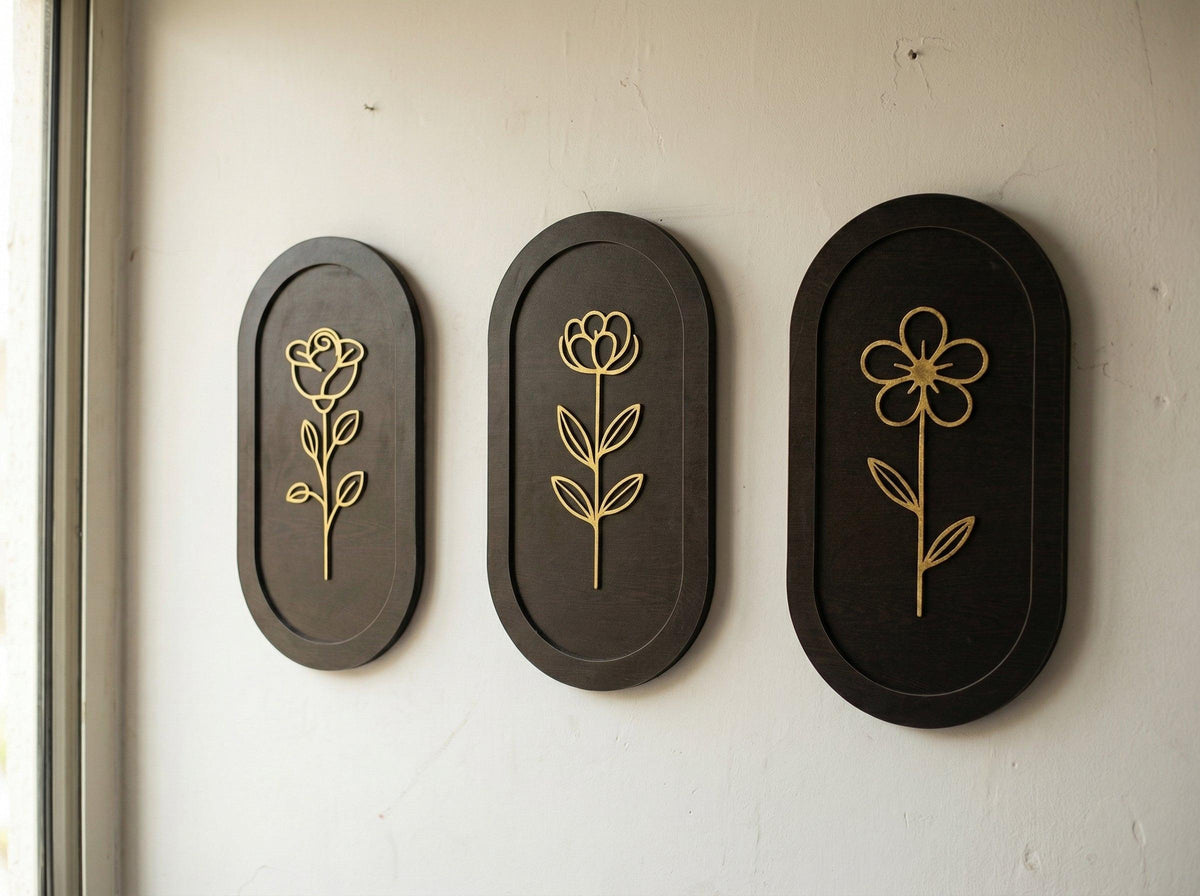 🌿 Modern Floral Wall Art Set (Set of 3) | Radha Wood