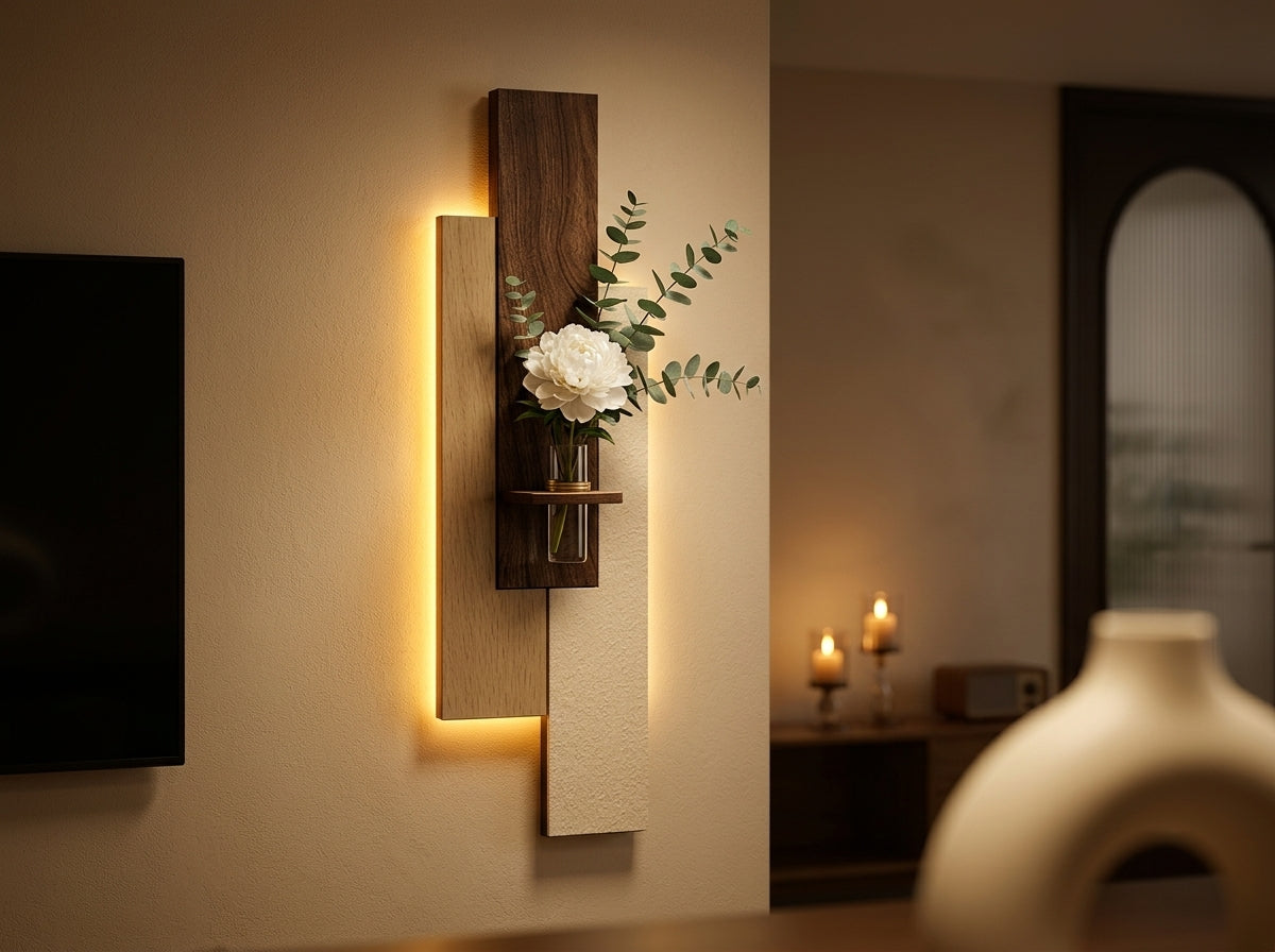 Close-up of LED wall art walnut panel with integrated shelf, glass vase and white flowers, warm backlight