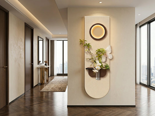 LED wall art arch flower vase lamp – real product photo, warm oval LED glow, Radha Wood India
