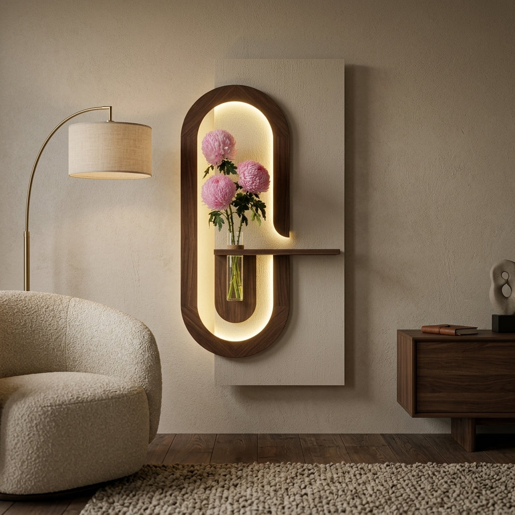 Wooden LED wall art mounted in modern living room – home decor India