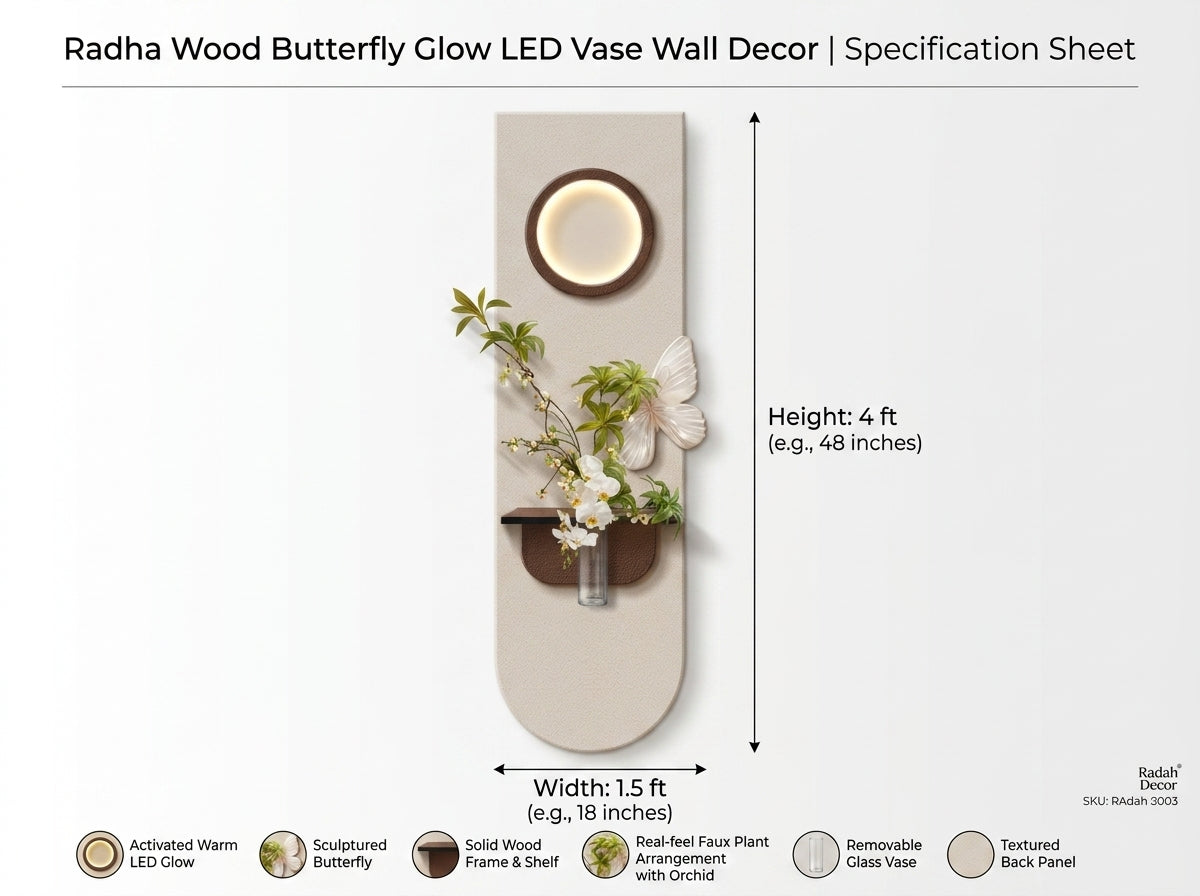 LED wall art oval arch lamp side angle showing layered MDF panel depth and walnut U-shelf