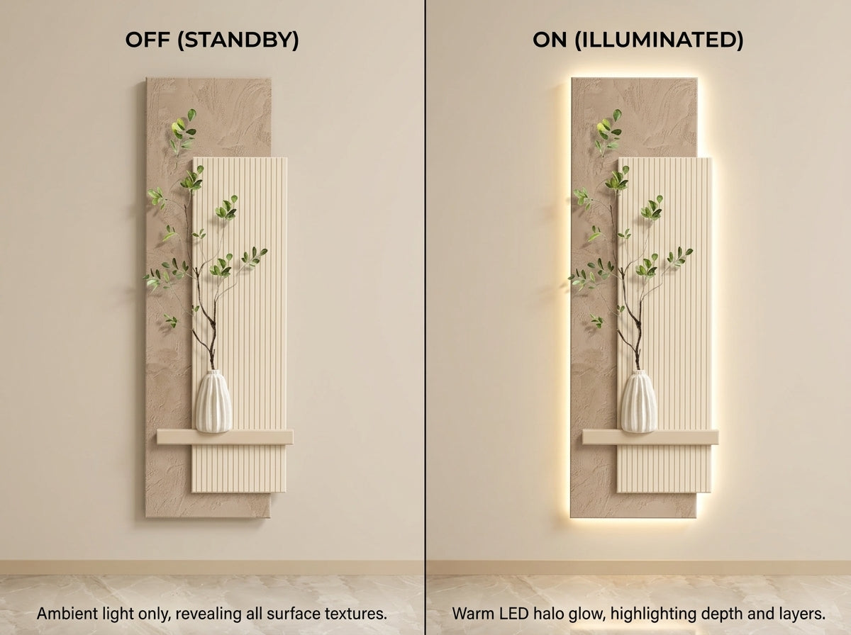 Features infographic of Arch Aura LED wall art highlighting craftsmanship and lighting system