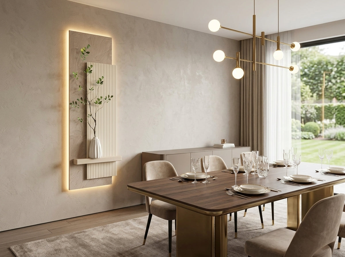 Close up view of Arch Aura LED wall art showing warm integrated lighting and decorative shelf