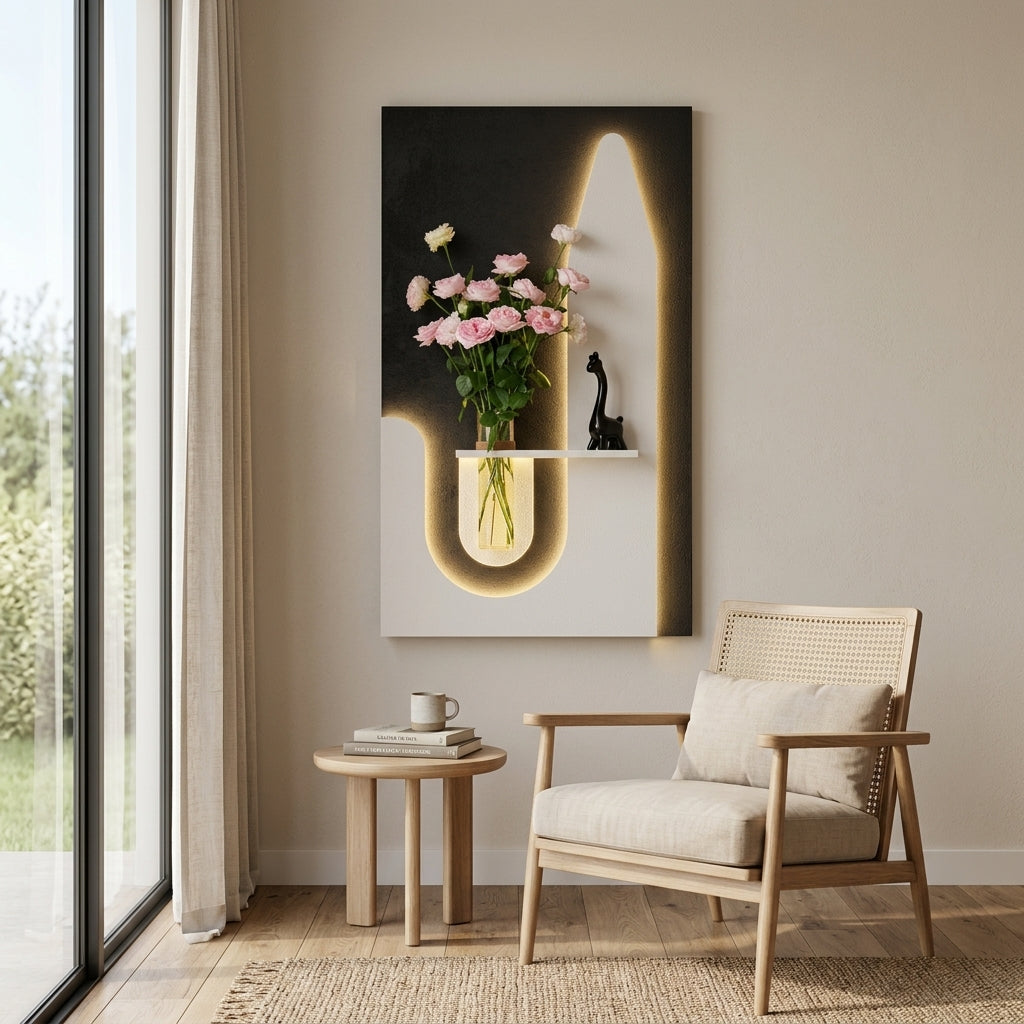Designer LED Wooden Wall Panel with Shelf | Radha Wood