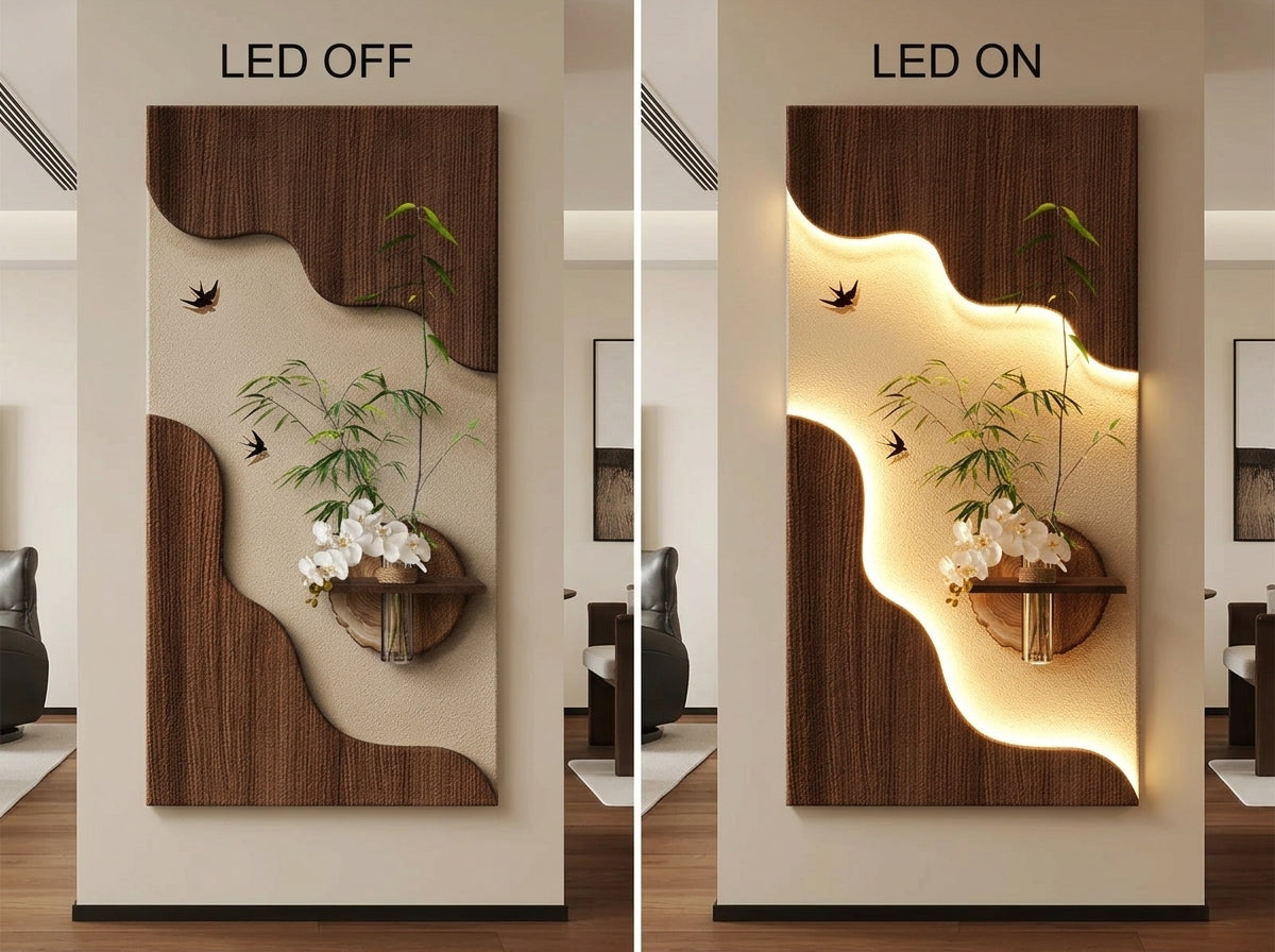 LED wall art bamboo orchid panel size guide – 4ft height x 2ft width, 3 inch depth, teak wood and LED specs