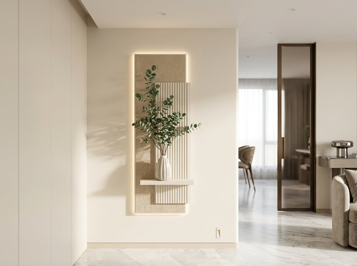 Arch Aura LED wall art with shelf and warm ambient lighting installed in a modern dining room