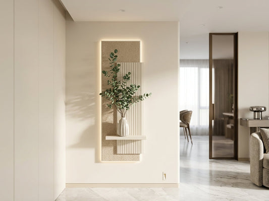 Arch Aura LED wall art with shelf and warm ambient lighting installed in a modern dining room